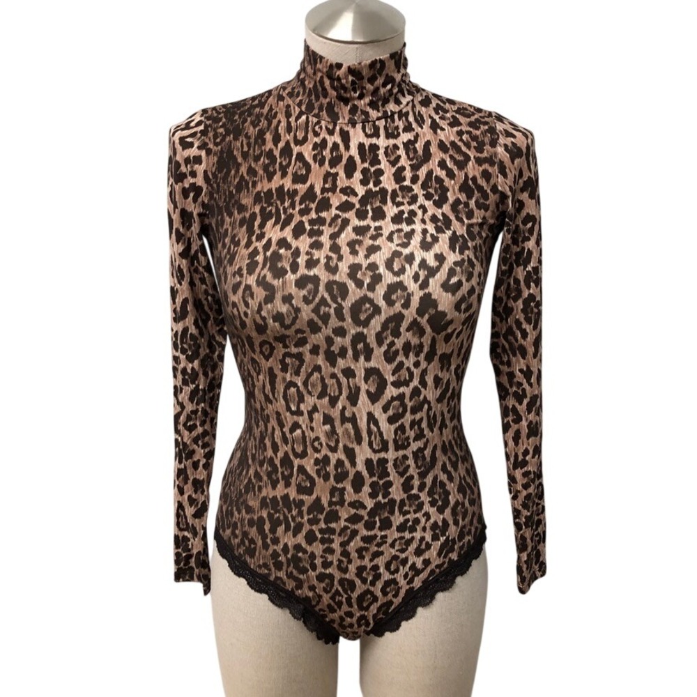 Stripe & Stare Bodysuit Womens S Brown Leopard Mock Neck Lace Trim Long Sleeve
